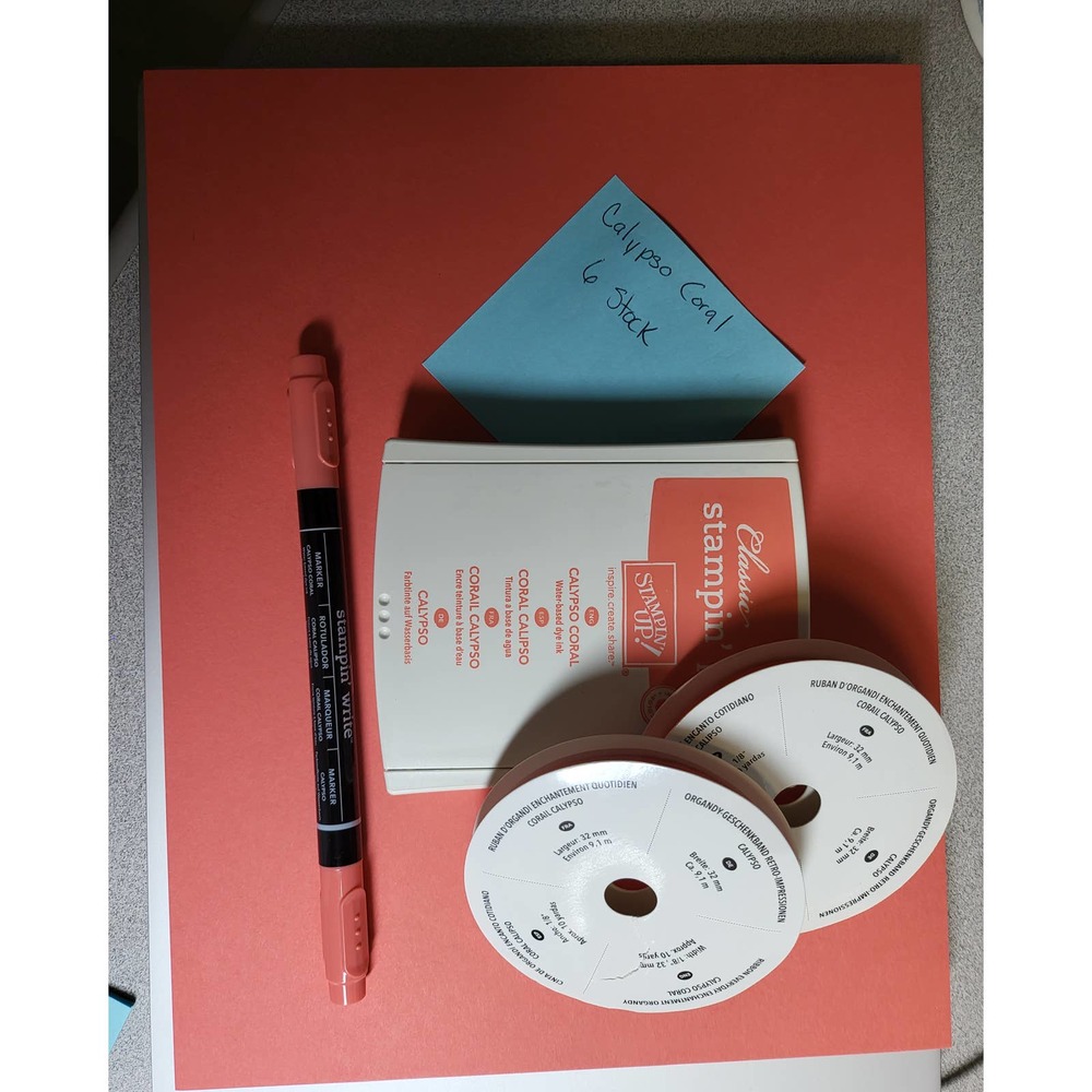 Stampin Up Calypso Coral Card stock, ink Pad, Stampin Write, and ribbon